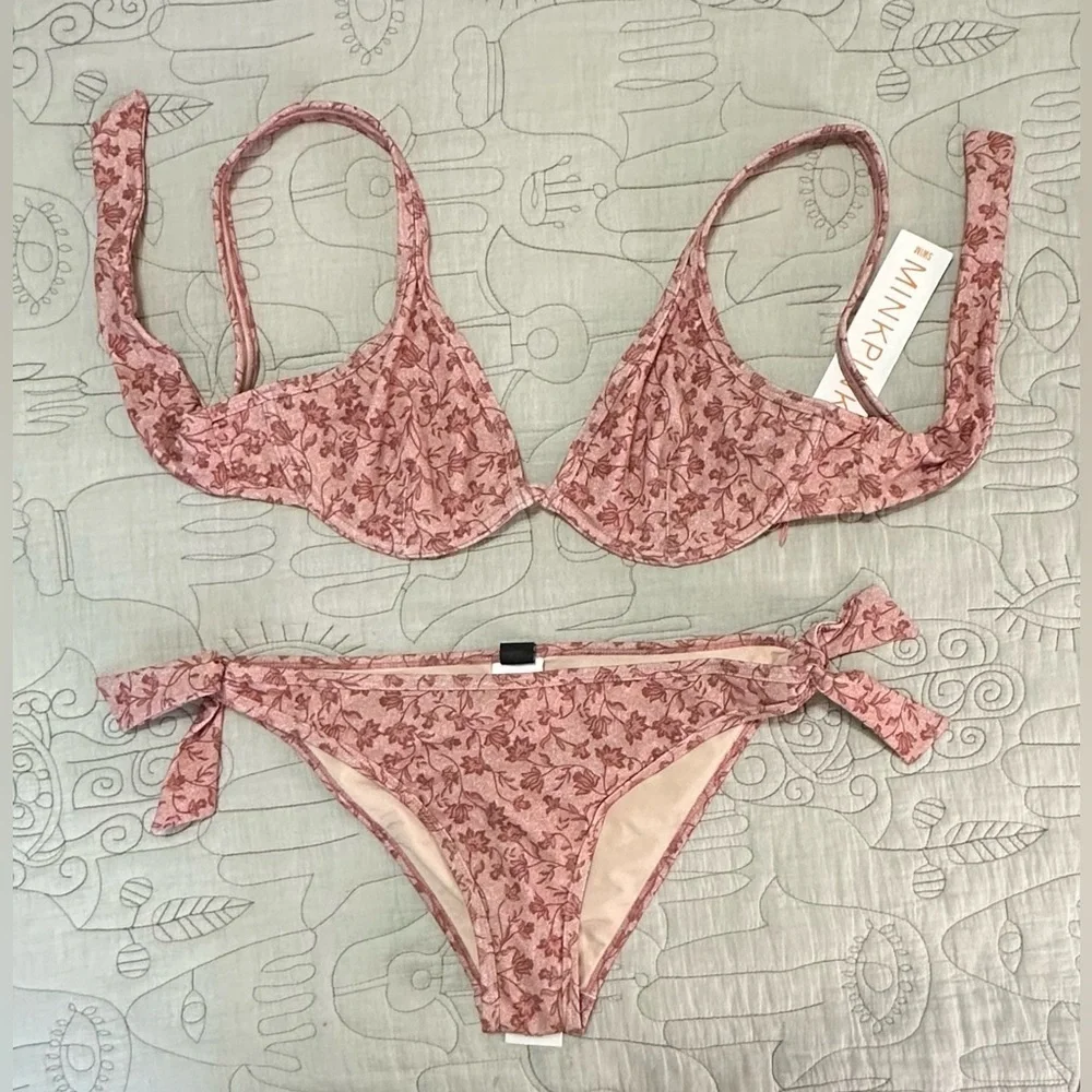 NWT MINKPINK Kiewa Bikini SET Top & Bottom Adjustable Tie Back Pink Floral